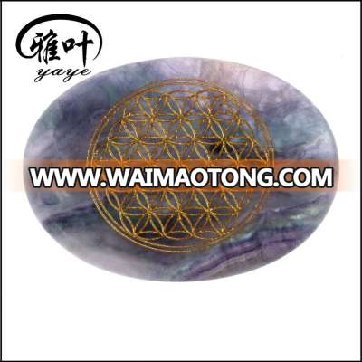 Natural Rainbow Fluorite Engraved Flower of Life Palm Stone